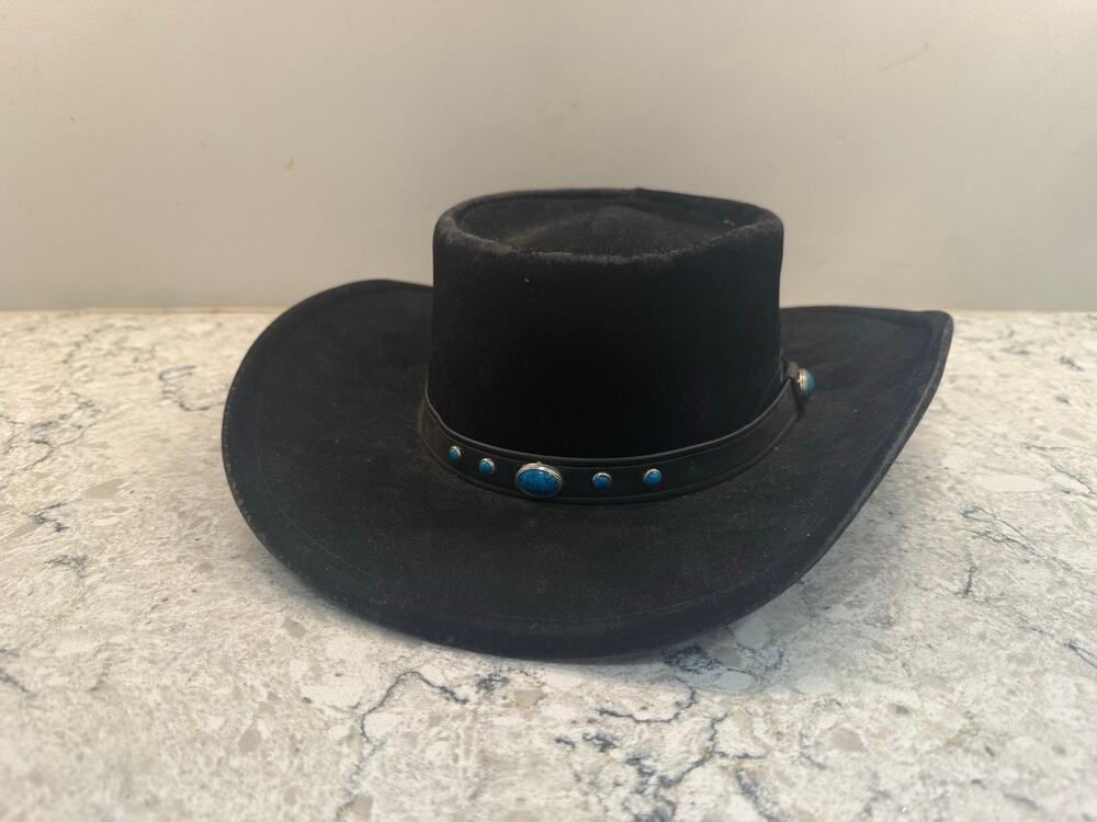 Bailey U-Rollit Black Western Hat Turquoise Concho Band Feather Sz 7 3/8 JL